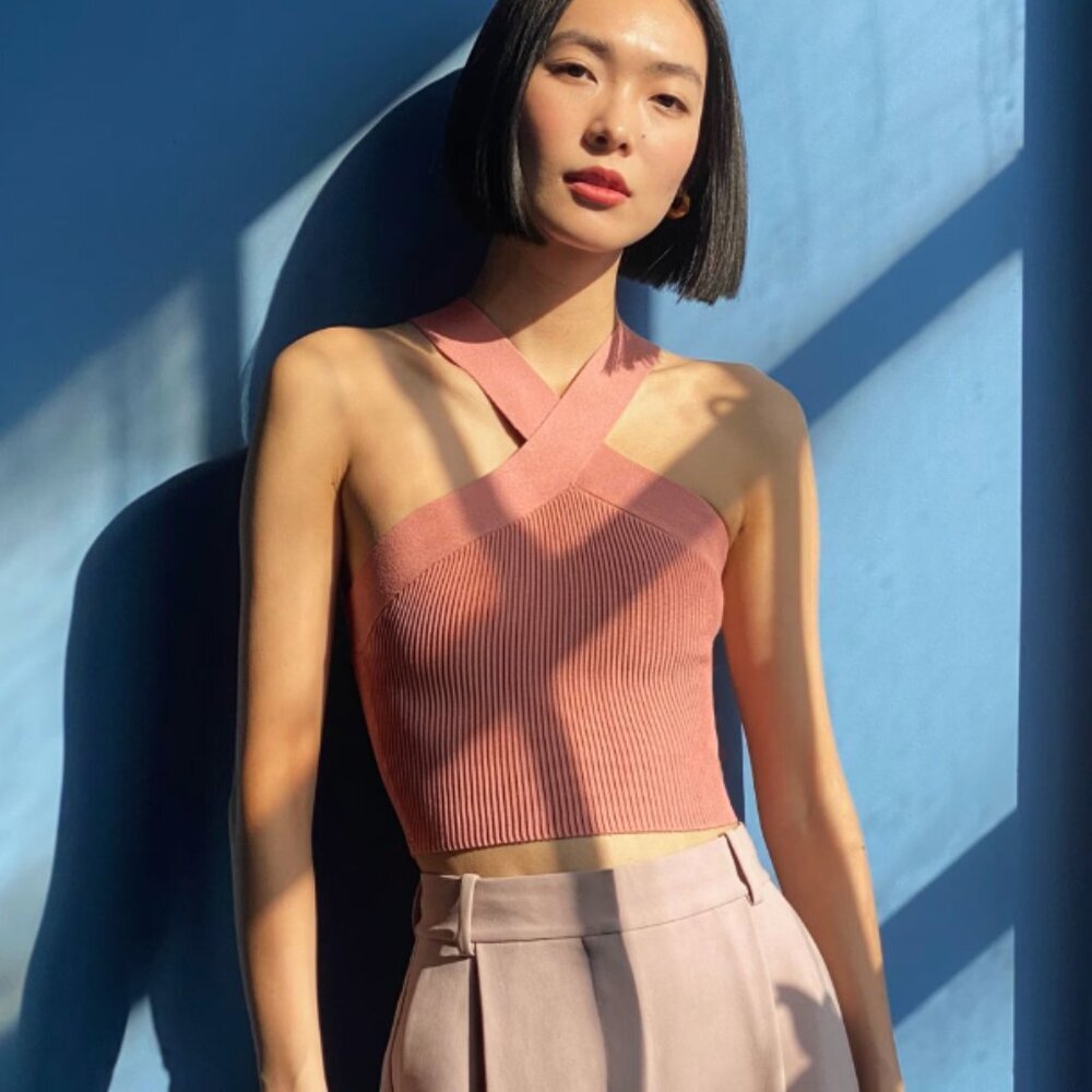 BABATON | Aritzia Sculpt Knit Criss Cross Cropped Halter Tank Ribbed | Sz. 2XS